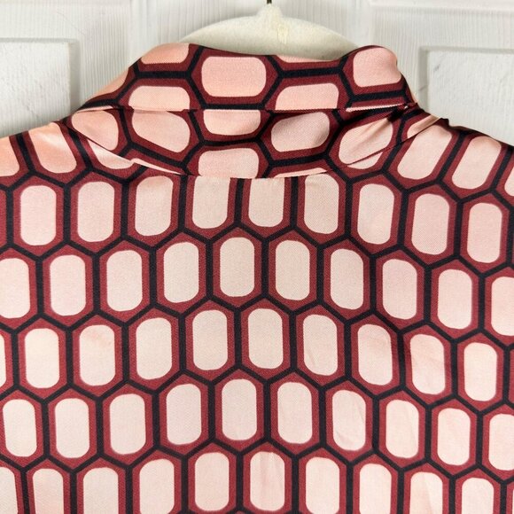 Zara Short Sleeve Blouse Burgundy Cream‎ Geometric Print Bow Satin Size XSmall - Picture 6 of 9